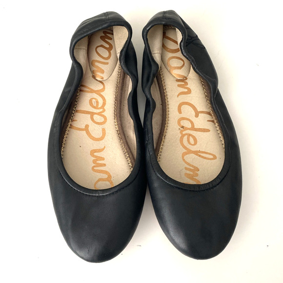 Sam Edelman Fritz Ballet Flat Black Leather Round Toe Slip On Logo Elastic 11 - Picture 3 of 6